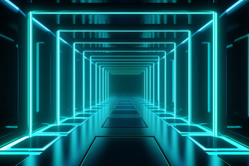 Neon light abstract background. Rectangle tunnel or corridor green blue neon glowing lights. Laser lines and LED technology create glow in dark room. Cyber club neon light stage room.