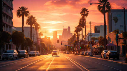 Los Angeles street in a pink light, sunset. 