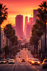 Fototapeta na wymiar Los Angeles street in a pink light, sunset. Generative AI