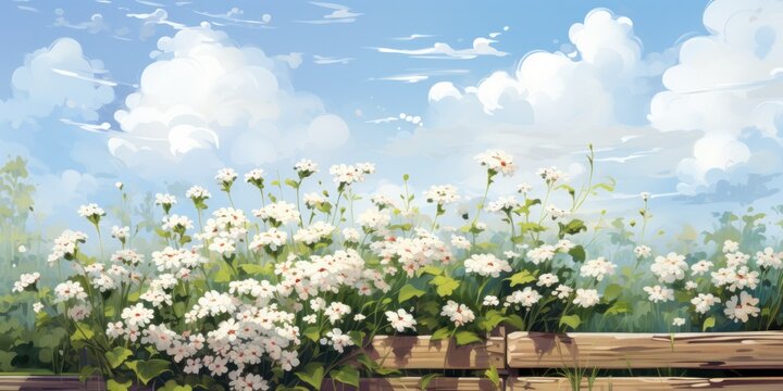 illustration of oil painting of beautiful candytuft  bush on wooden fence, generative AI