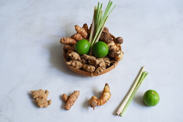 Various rhizome in a tray against white background 