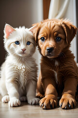 Brown baby puppy with a white baby cat together. 
