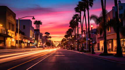 Los Angeles street in a pink light, sunset. Generative AI