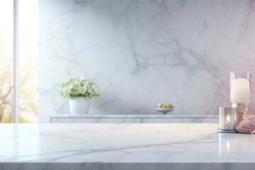 Stunning marble countertop with a white kitchen background. (Generative AI)