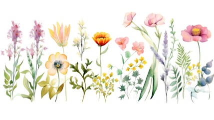 Watercolor set with garden flowers. Flat cartoon illustration isolated on white background