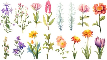 Fototapeta na wymiar Watercolor set with garden flowers. Flat cartoon illustration isolated on white background