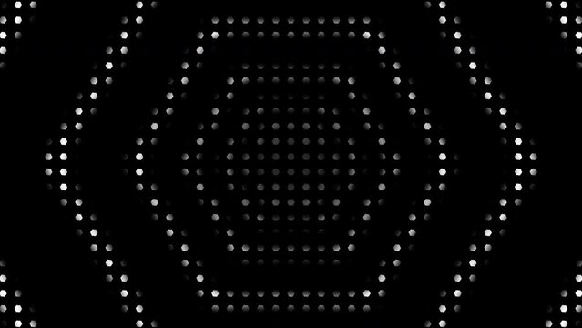 Black and white hexagon motion graphics abstract dynamic background with halftone pattern texture. Seamless loop animation