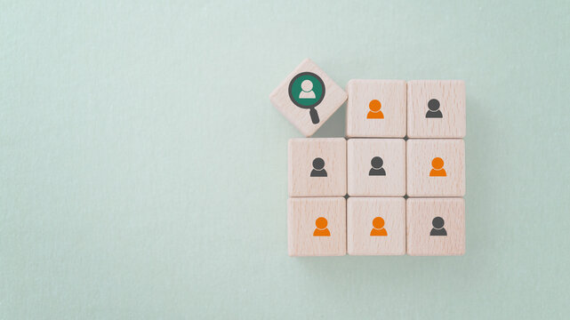 For buyer persona and target customer concept. Customer psychology profile ,characteristics. Personalized marketing and customer analysis. Wooden cube blocks with buyer persona icons.