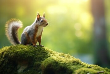 Naklejka na ściany i meble Squirrel on green mossy rock with blurred background. generative ai