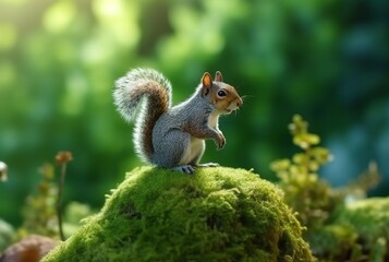 Squirrel on green mossy rock with blurred background. generative ai