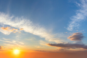 Fototapeta na wymiar Real background Sunrise Sundown Sky with colorful clouds and sun. Cloudscape