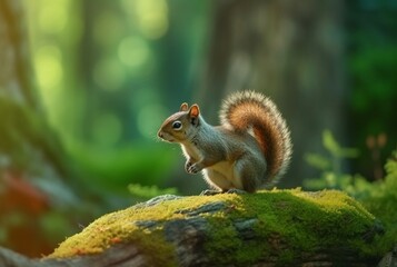 Squirrel on green mossy rock with blurred background. generative ai