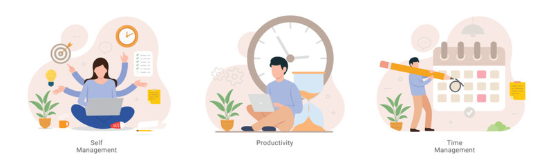 Self and time management, productivity employee performance and self-organization design concept