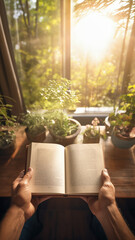 Man Reading at Wooden Table Surrounded by Sunlight and Greenery