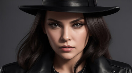 Image of a woman with a serious expression wearing a black leather jacket and a fedora by generative ai