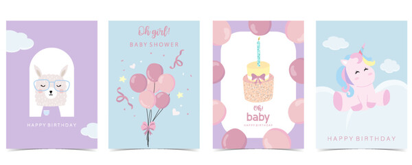 Baby shower invitation card for girl with balloon, cloud,sky, pink,unicorn