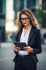 Young busy pretty business woman professional office manager executive or global international company employee standing on big city street outside using digital tablet fintech device. Generative AI