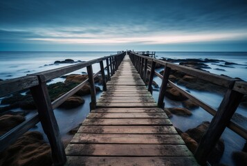 Wooden bridge with the beauty of the beach, long exposure. generative ai
