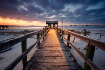 Wooden bridge with the beauty of the beach, long exposure. generative ai