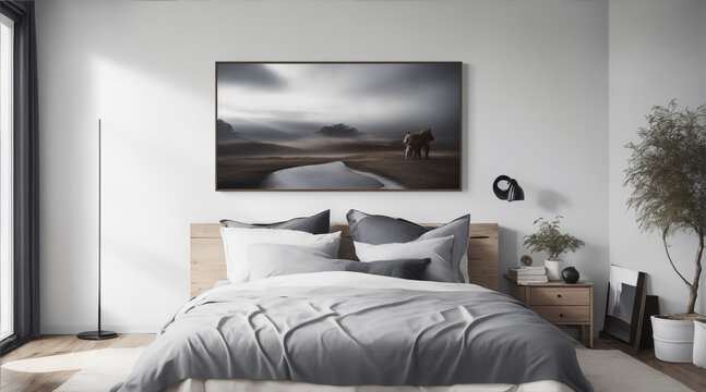 Square canvas framed on bedroom by generative ai