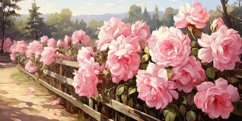 illustration of oil painting of beautiful pink rose  bush on wooden fence, generative AI