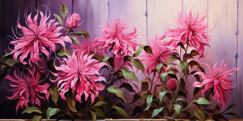 illustration of oil painting of beautiful bee balm flower bush on wooden fence, generative AI