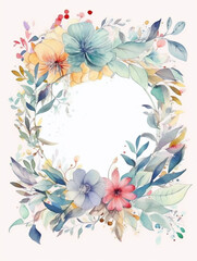 Watercolor style delicate wreath on white background. Including wildflowers, and leaves. Created with Generative AI technology.