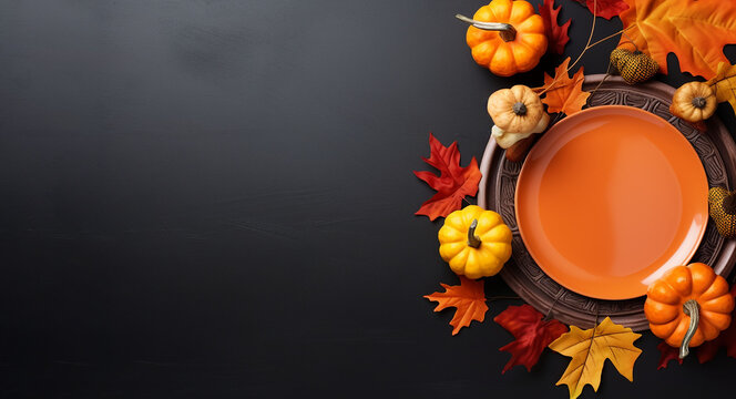 Resting on a dark stone table, there's a craft plate adorned with Halloween elements, particularly the distinctive pumpkin. The top-down perspective readily accommodates text placement.
