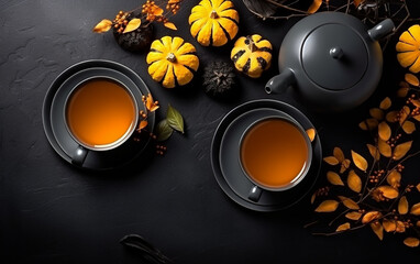 Displayed against a dark background, this tea set features a Halloween theme with its predominant dark color palette.