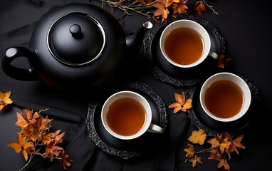 A tea set, predominantly in dark hues and infused with a Halloween theme, is artfully displayed, evoking an eerie yet intriguing ambiance perfect for the Halloween season.