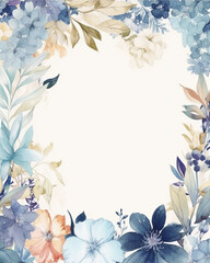 Fototapeta na wymiar Watercolor style blue wildflowers and leaves frame on white background. Created with Generative AI technology