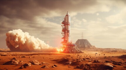 A rocket landing on Mars.Generative AI - obrazy, fototapety, plakaty