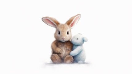 Fototapeta premium a painting of a bunny hugging a stuffed animal rabbit.Generative AI