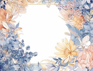 Watercolor style soft orange blue wildflowers and leaves decor on line frame with white background. Created with Generative AI technology