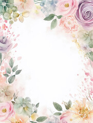Watercolor style soft pink wildflowers and leaves frame on white background. Created with Generative AI technology