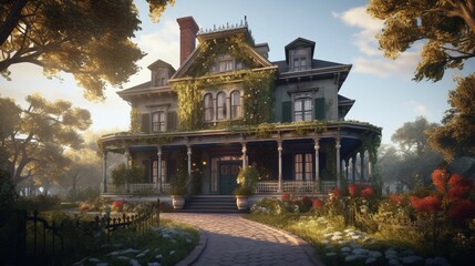 A Victorian mansion with a wrap around porch and sta.Generative AI