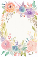 Fototapeta na wymiar Watercolor style delicate wreath on white background. Including wildflowers, leaves, and berries. Created with Generative AI technology