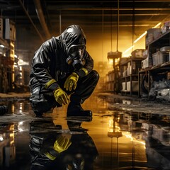 Chemical Spill Inspection: Officer in Gas Mask Assessing Hazardous Situation
