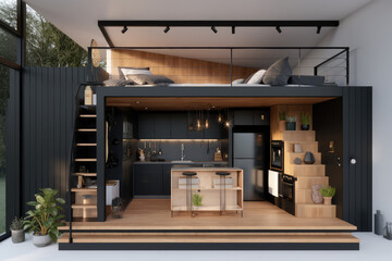 Tiny home concept, illustrating the minimalist lifestyle that advocates for living more with less. The idea of compact living spaces designed for functionality and simplicity, generative AI