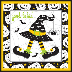 halloween card with witch hat and dwarf shoes