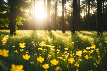 Obraz premium spring in the forest with trees and flowers 