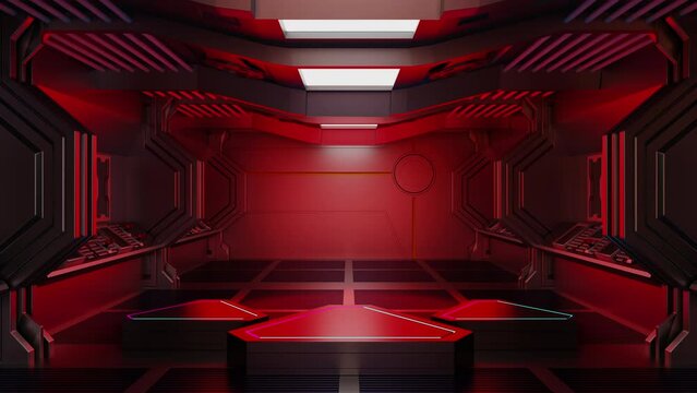 Modern podium in spaceship or space station interior, Sci Fi tunnel, stage for product presentation, 3D rendering. 4K UHD