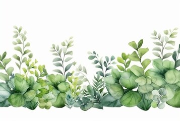 seamless watercolor floral border with green leaves on white background. generative ai