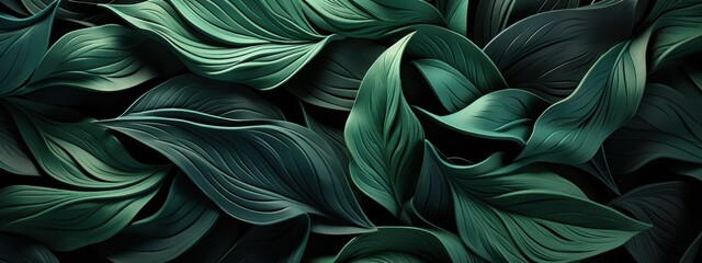 Abstract organic dark green waving leaves texture background.