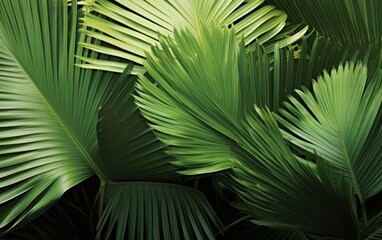 Abstract tropical green palm leaves pattern, lush foliage of fan palm fronds layer.