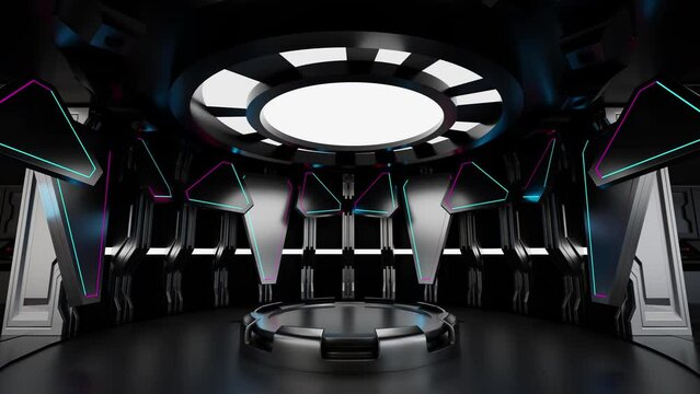 Modern podium in spaceship or space station interior, Sci Fi tunnel, stage for product presentation, 3D rendering. 4K UHD