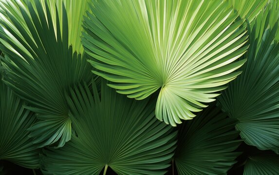 Abstract tropical green palm leaves pattern, lush foliage of fan palm fronds layer.