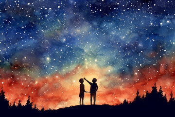 water color drawing of a Two people stargazing and pointing  - obrazy, fototapety, plakaty