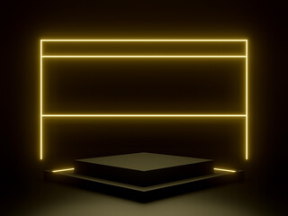 3D black geometric background with golden neon lights. Product mockup.