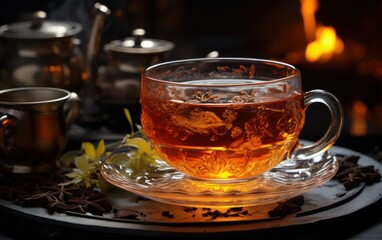 Cup of tea or glass cup of hot aromatic tea